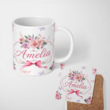 Personalized Custom Name Elegant Watercolor Rose Bouquet Ribbon Butterfly Light Grey Lovely 11oz Ceramic Coffee Tea Mug White Large Handle