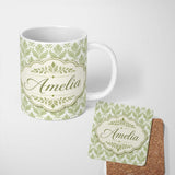 Personalized Custom Name Minimalist Olive and Cream Vertical Leaf Stripe Seamless Pattern 11oz Ceramic Coffee Tea Mug White Large Handle