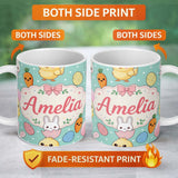Personalized Custom Name Cute Easter Bunny Chick Carrots Eggs Polka Dot Seamless Pattern Mint 11oz Ceramic Coffee Tea Mug White Large Handle