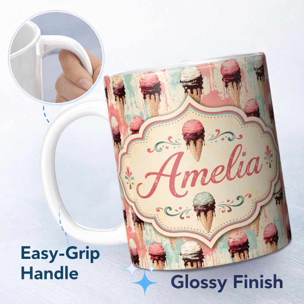 Personalized Custom Name Grunge Style Melting Ice Cream Cones with Paint Splash Background 11oz Ceramic Coffee Tea Mug White Large Handle