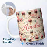 Personalized Custom Name Grunge Style Melting Ice Cream Cones with Paint Splash Background 11oz Ceramic Coffee Tea Mug White Large Handle