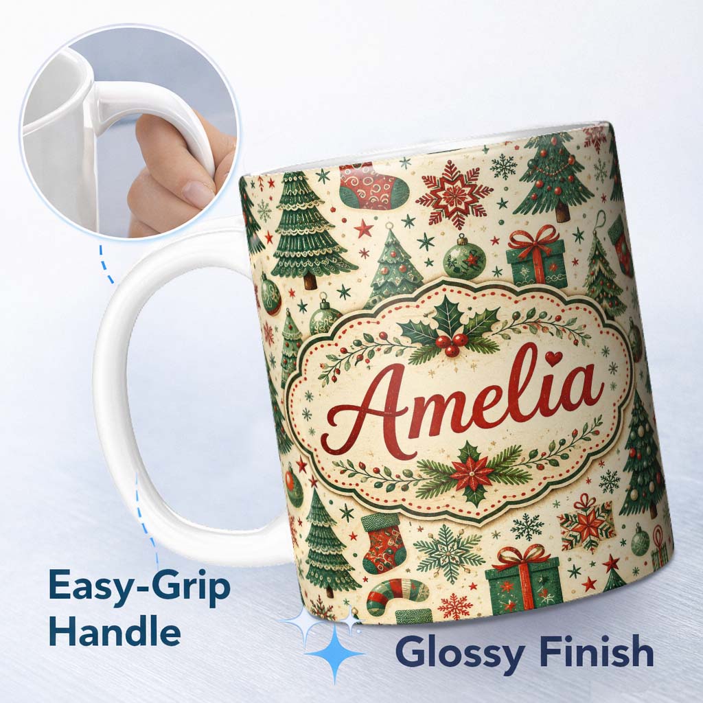 Personalized Custom Name Vintage Snowman Candy Cane Christmas Tree Cute Seamless Pattern 11oz Ceramic Coffee Tea Mug White Large Handle