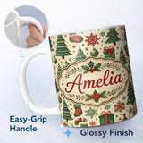 Personalized Custom Name Vintage Snowman Candy Cane Christmas Tree Cute Seamless Pattern 11oz Ceramic Coffee Tea Mug White Large Handle
