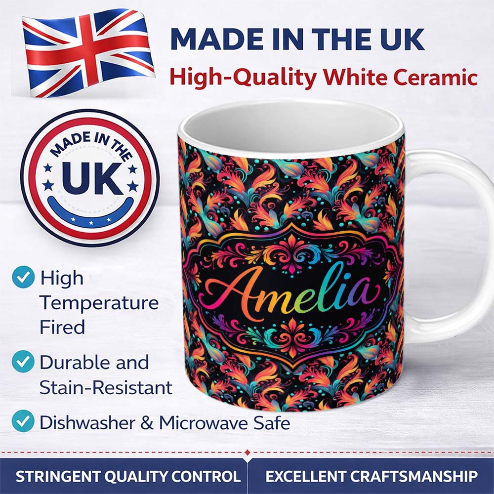 Personalized Custom Name Colorful Abstract Feather Swirl Seamless Pattern on Dark Background 11oz Ceramic Coffee Tea Mug White Large Handle