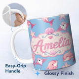Personalized Custom Name Cute Pink Dolphin Stingray Starfish Ocean Creatures Light Blue 11oz Ceramic Coffee Tea Mug White Large Handle