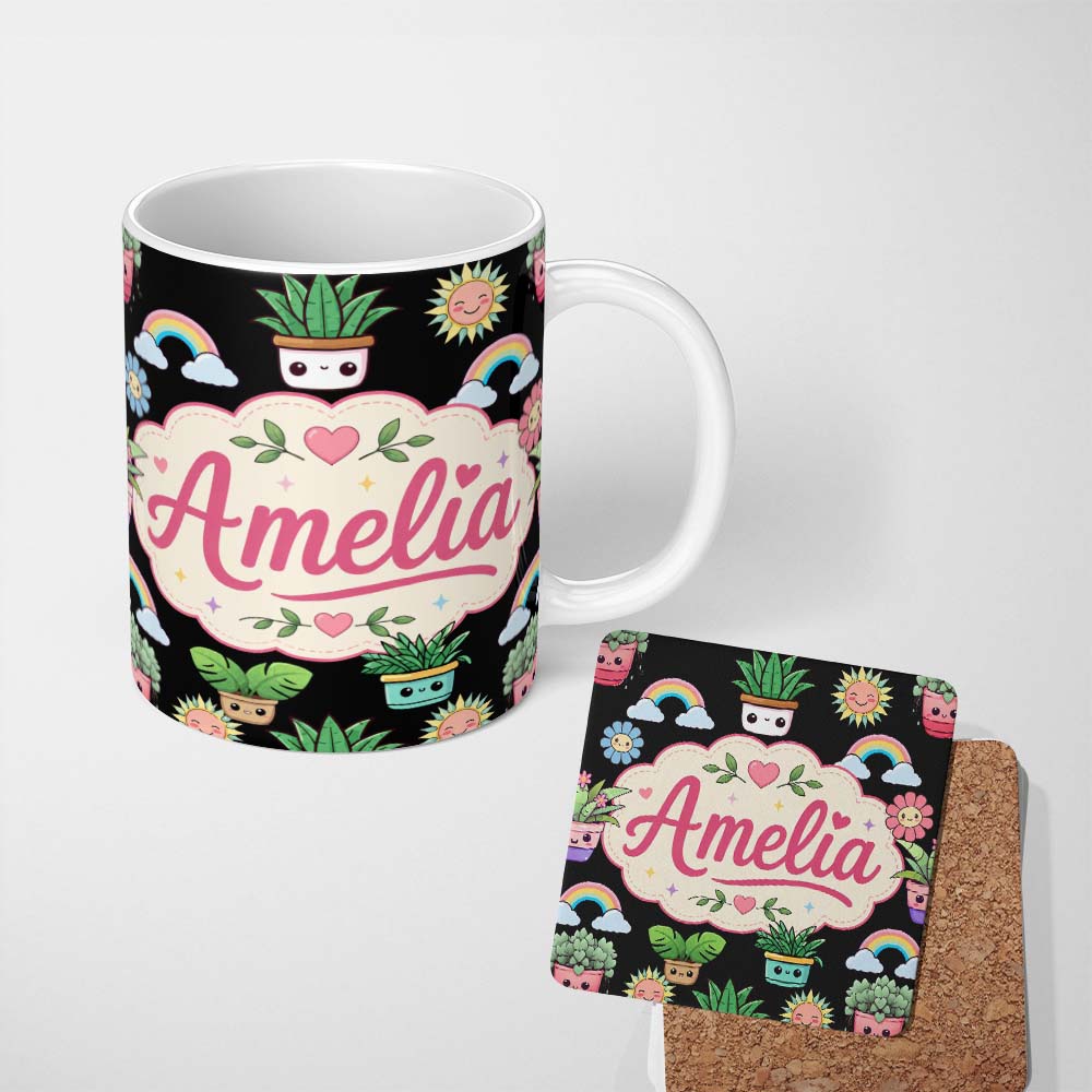 Personalized Custom Name Cute Kawaii Rainbow Sun Flowers Plant Pots Seamless Pattern Black 11oz Ceramic Coffee Tea Mug White Large Handle