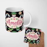 Personalized Custom Name Cute Kawaii Rainbow Sun Flowers Plant Pots Seamless Pattern Black 11oz Ceramic Coffee Tea Mug White Large Handle