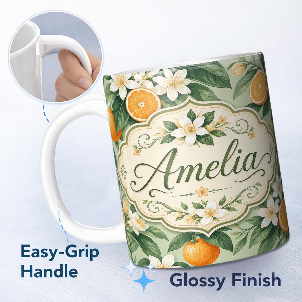 Personalized Custom Name Orange Citrus Fruit Blossom Botanical Seamless Pattern Lovely 11oz Ceramic Coffee Tea Mug White Large Handle