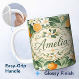 Personalized Custom Name Orange Citrus Fruit Blossom Botanical Seamless Pattern Lovely 11oz Ceramic Coffee Tea Mug White Large Handle