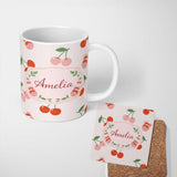 Personalized Custom Name Cute Cherry Fruit Black Background Bold Seamless Pattern Lovely 11oz Ceramic Coffee Tea Mug White Large Handle