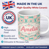 Personalized Custom Name Elegant Aqua Gold Decorative Tile Floral Seamless Pattern Lovely 11oz Ceramic Coffee Tea Mug White Large Handle