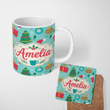 Personalized Custom Name Christmas Mug Candy Cane Ornament Festive Seamless Pattern Lovely 11oz Ceramic Coffee Tea Mug White Large Handle