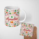 Personalized Custom Name Cute Snowman Christmas Tree Bauble Gift Seamless Pattern Lovely 11oz Ceramic Coffee Tea Mug White Large Handle