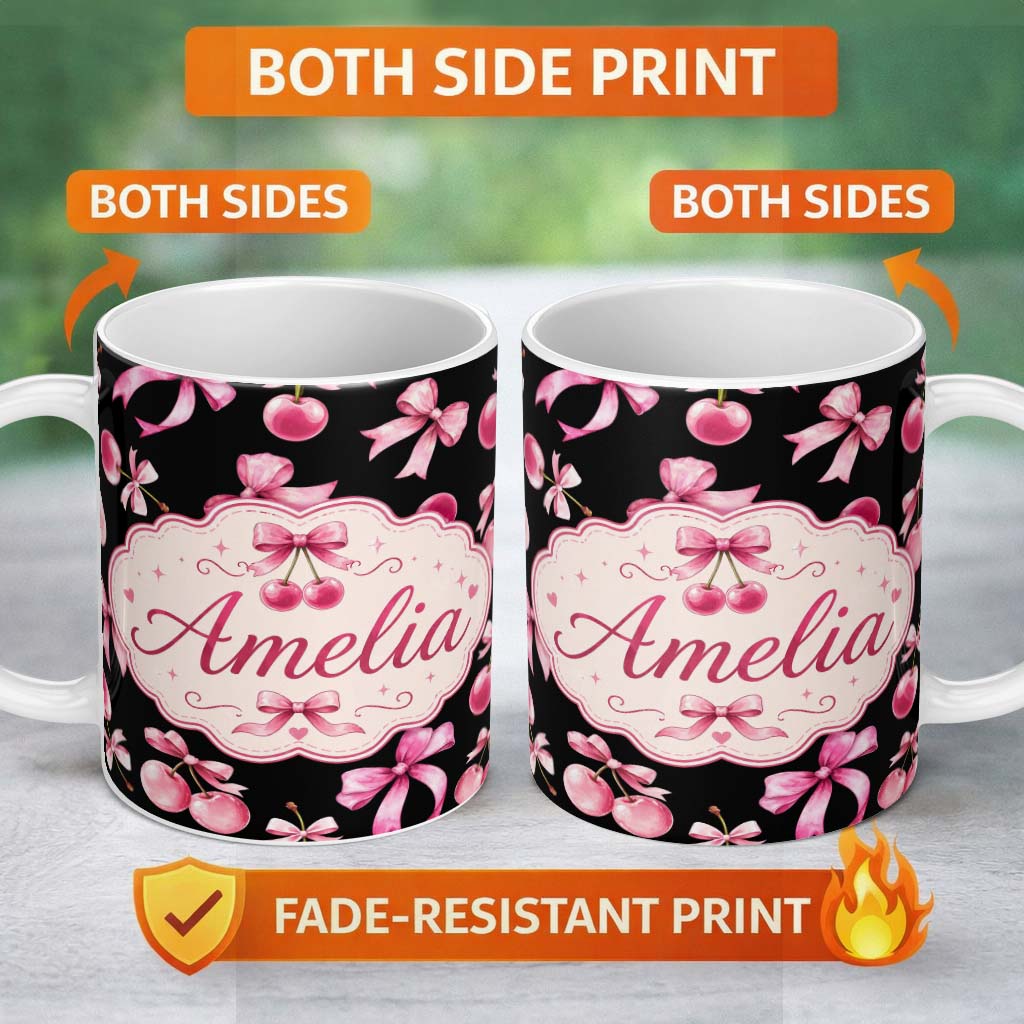 Personalized Custom Name Watercolor Cherry Bow Ribbon Black Background Seamless Pattern 11oz Ceramic Coffee Tea Mug White Large Handle