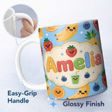 Personalized Custom Name Cute Kawaii Fruits Juice Drink Strawberry Banana Orange Seamless 11oz Ceramic Coffee Tea Mug White Large Handle