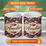 Personalized Custom Name Deep Red and Blush Orchid Floral Pattern on Dark Green Background 11oz Ceramic Coffee Tea Mug White Large Handle