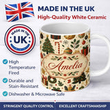 Personalized Custom Name Vintage Christmas Trees Gifts Baubles Candy Cane Festive Seamless 11oz Ceramic Coffee Tea Mug White Large Handle