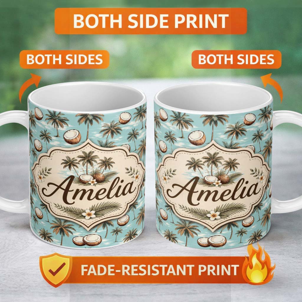 Personalized Custom Name Coastal Coconut Palm Trees on Aqua Ocean Background Tropical Pattern 11oz Ceramic Coffee Tea Mug White Large Handle