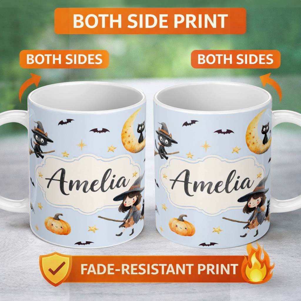 Personalized Custom Name Cute Halloween Witch Girl with Black Cats Moon and Stars Seamless 11oz Ceramic Coffee Tea Mug White Large Handle