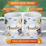 Personalized Custom Name Cute Halloween Witch Girl with Black Cats Moon and Stars Seamless 11oz Ceramic Coffee Tea Mug White Large Handle