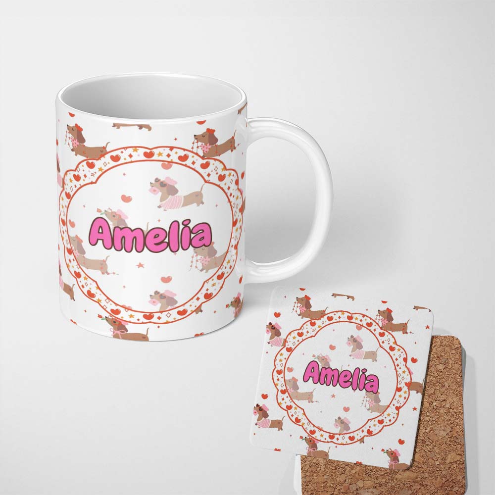 Personalized Custom Name Cute Dachshund Valentine Hearts Love Seamless Pattern Lovely 11oz Ceramic Coffee Tea Mug White Large Handle