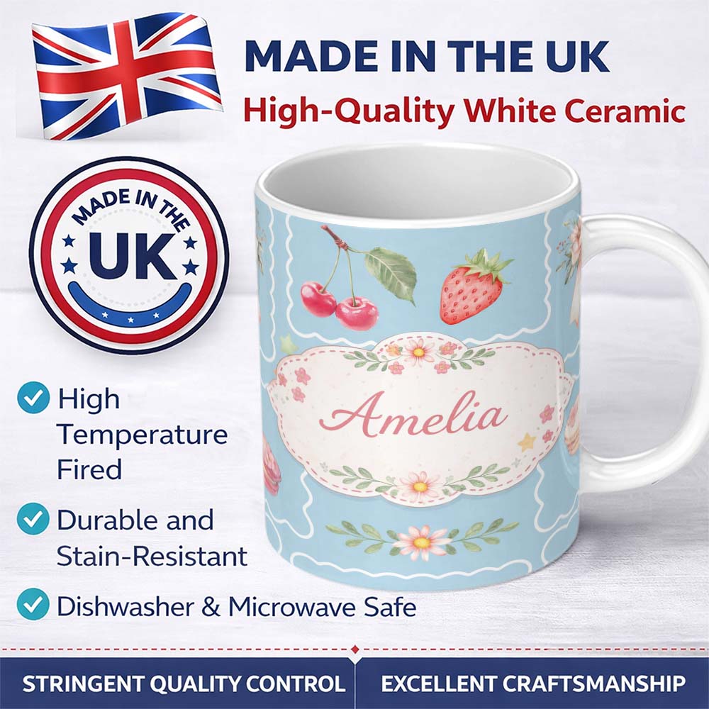 Personalized Custom Name Strawberry Cherry Bow Seamless Pattern Blue Frame Cute Coquette 11oz Ceramic Coffee Tea Mug White Large Handle