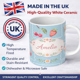 Personalized Custom Name Strawberry Cherry Bow Seamless Pattern Blue Frame Cute Coquette 11oz Ceramic Coffee Tea Mug White Large Handle