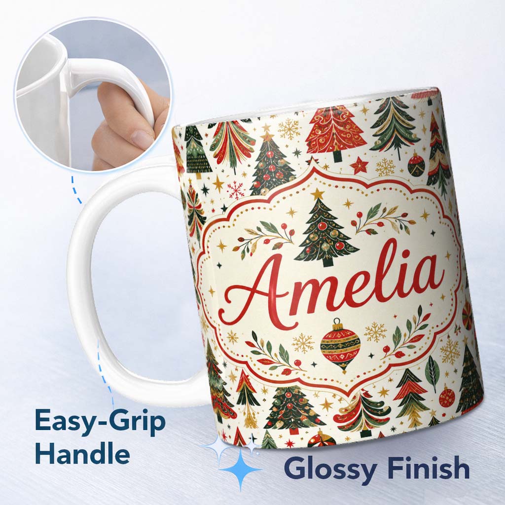 Personalized Custom Name Vintage Christmas Tree Ornament Festive Seamless Pattern Lovely 11oz Ceramic Coffee Tea Mug White Large Handle