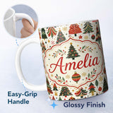 Personalized Custom Name Vintage Christmas Tree Ornament Festive Seamless Pattern Lovely 11oz Ceramic Coffee Tea Mug White Large Handle