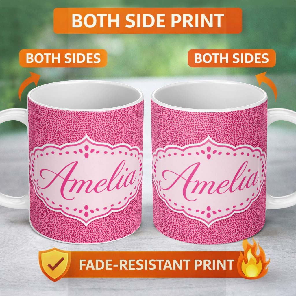 Personalized Custom Name Hot Pink Dense Mini Dot Abstract Texture Seamless Pattern Lovely 11oz Ceramic Coffee Tea Mug White Large Handle