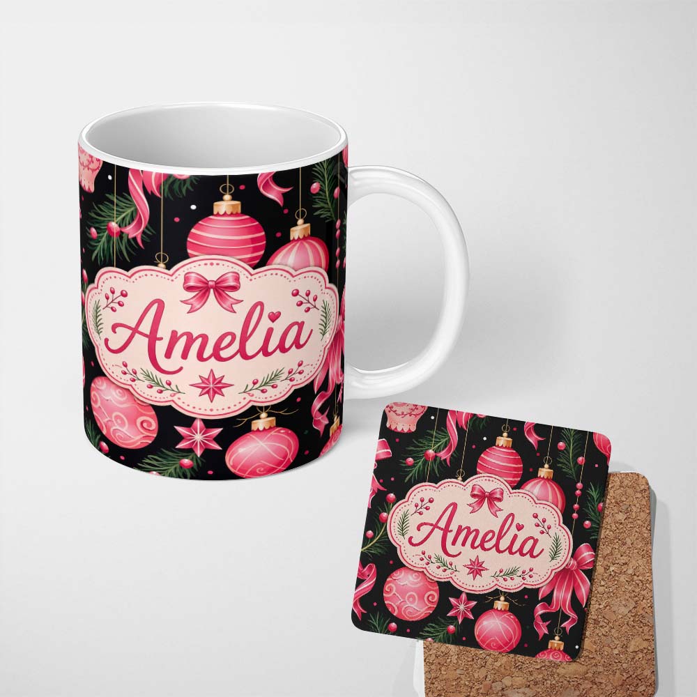 Personalized Custom Name Elegant Red Baubles Ribbon Holly Black Seamless Pattern Lovely 11oz Ceramic Coffee Tea Mug White Large Handle