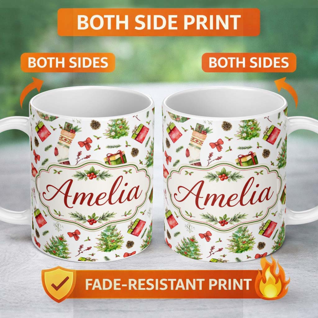Personalized Custom Name Christmas Gifts Tree Bow Festive Holiday Seamless Pattern Lovely 11oz Ceramic Coffee Tea Mug White Large Handle