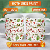 Personalized Custom Name Christmas Gifts Tree Bow Festive Holiday Seamless Pattern Lovely 11oz Ceramic Coffee Tea Mug White Large Handle