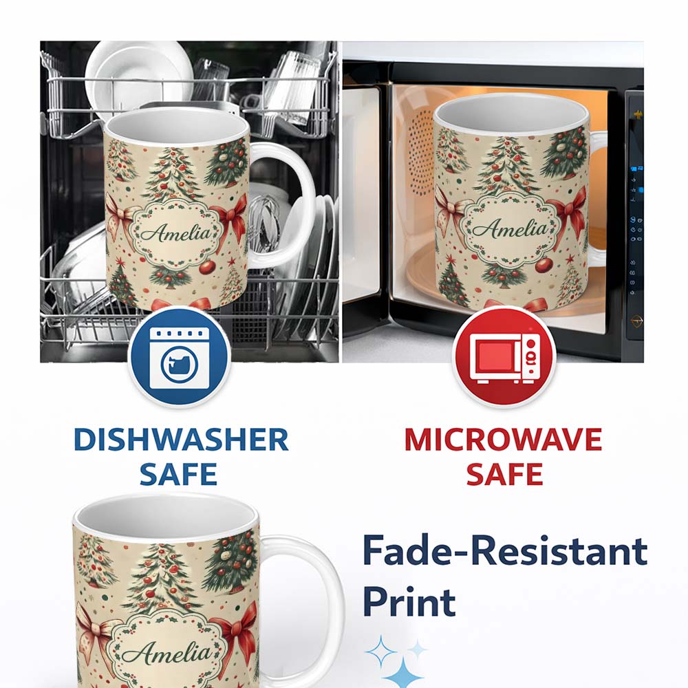 Personalized Custom Name Vintage Christmas Tree with Red Bows Ornaments and Snowflakes 11oz Ceramic Coffee Tea Mug White Large Handle