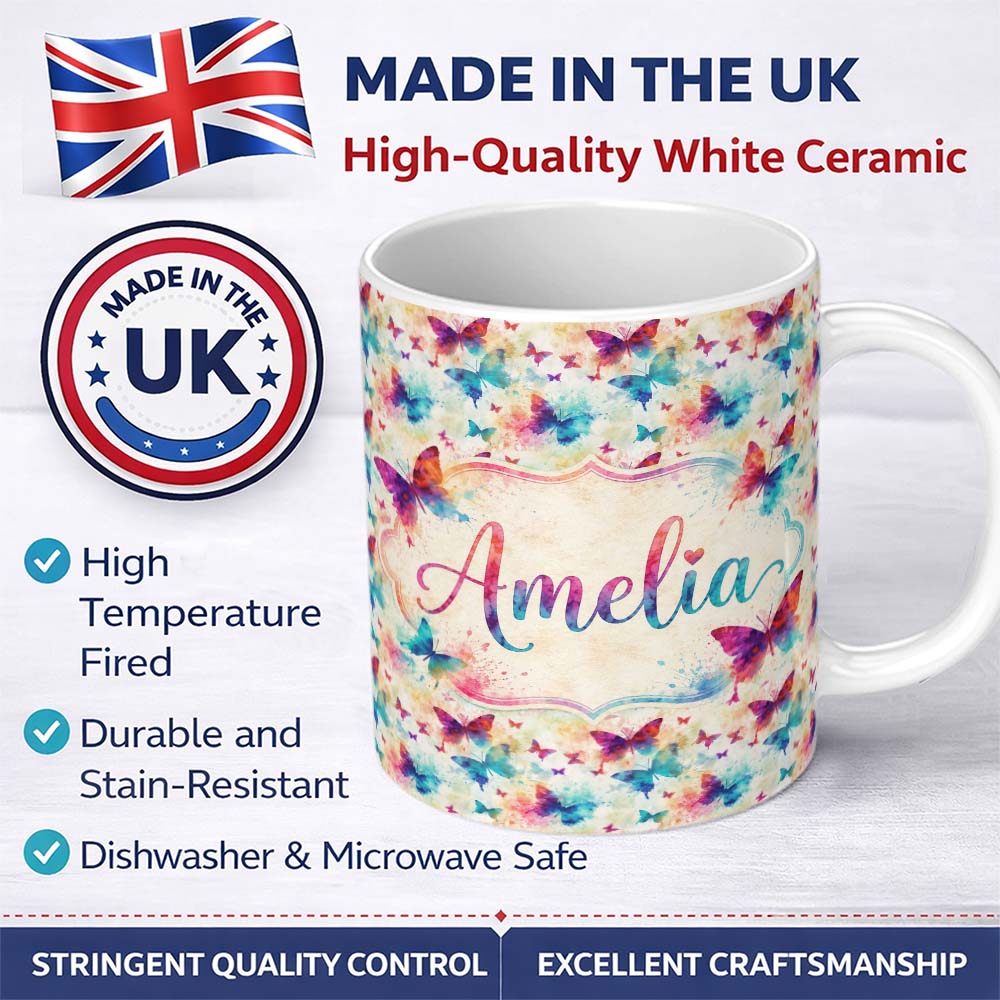 Personalized Custom Name Bright Watercolor Butterflies with Color Splash Effect Seamless 11oz Ceramic Coffee Tea Mug White Large Handle