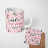 Personalized Custom Name Cute Panda Bamboo and Floral Minimal Seamless Pattern on Soft Pink 11oz Ceramic Coffee Tea Mug White Large Handle