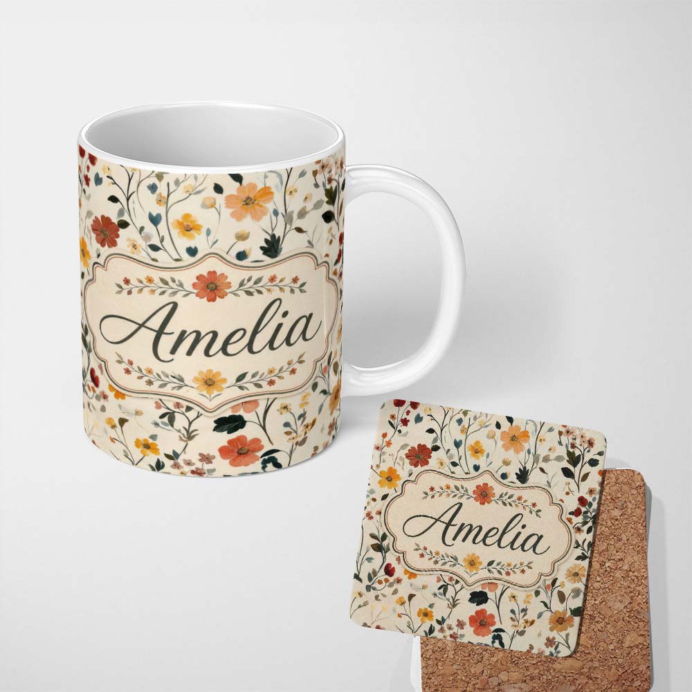 Personalized Custom Name Delicate Autumn Floral Botanical with Soft Leaves Seamless Pattern 11oz Ceramic Coffee Tea Mug White Large Handle