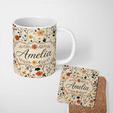 Personalized Custom Name Delicate Autumn Floral Botanical with Soft Leaves Seamless Pattern 11oz Ceramic Coffee Tea Mug White Large Handle