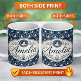 Personalized Custom Name Vintage Style Seal Cameo Medallion Navy Classic Seamless Pattern 11oz Ceramic Coffee Tea Mug White Large Handle