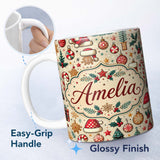Personalized Custom Name Christmas Tree Candy Cane Baubles Seamless Pattern Festive Holiday 11oz Ceramic Coffee Tea Mug White Large Handle