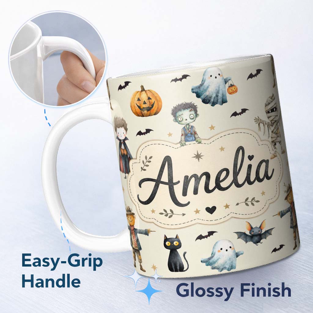Personalized Custom Name Halloween Zombie Mummy Vampire Bat Spooky Cream Seamless Pattern 11oz Ceramic Coffee Tea Mug White Large Handle
