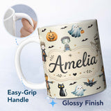 Personalized Custom Name Halloween Zombie Mummy Vampire Bat Spooky Cream Seamless Pattern 11oz Ceramic Coffee Tea Mug White Large Handle