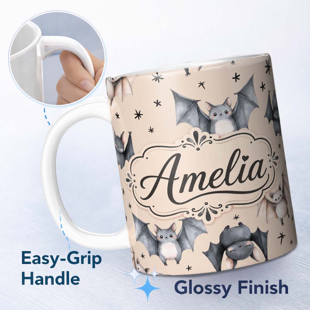 Personalized Custom Name Cute Watercolor Bats and Stars Seamless Pattern Pale Beige Lovely 11oz Ceramic Coffee Tea Mug White Large Handle