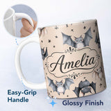 Personalized Custom Name Cute Watercolor Bats and Stars Seamless Pattern Pale Beige Lovely 11oz Ceramic Coffee Tea Mug White Large Handle