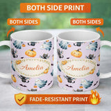 Personalized Custom Name Halloween Ghost Pumpkin Cat Seamless Pattern Lavender Cute Spooky 11oz Ceramic Coffee Tea Mug White Large Handle
