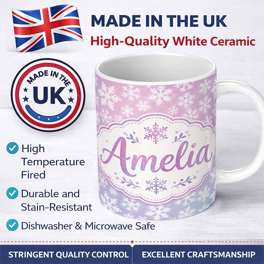 Personalized Custom Name Soft Pastel Snowflake Winter Seamless Pattern Cute Unique Gift 11oz Ceramic Coffee Tea Mug White Large Handle