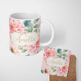 Personalized Custom Name Watercolor Pink Peony Floral Botanical Seamless Pattern Lovely 11oz Ceramic Coffee Tea Mug White Large Handle
