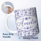 Personalized Custom Name Soft Purple Wildflower Botanical Seamless Pattern Cute Unique Gift 11oz Ceramic Coffee Tea Mug White Large Handle