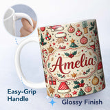 Personalized Custom Name Cute Christmas Tree Santa Hat Stocking Candy Cane Seamless Pattern 11oz Ceramic Coffee Tea Mug White Large Handle