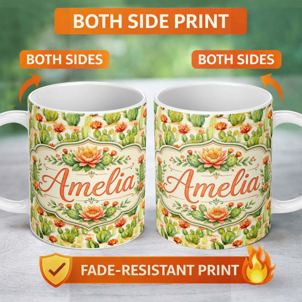 Personalized Custom Name Warm Desert Cactus Orange Blossoms Watercolor Seamless Pattern 11oz Ceramic Coffee Tea Mug White Large Handle